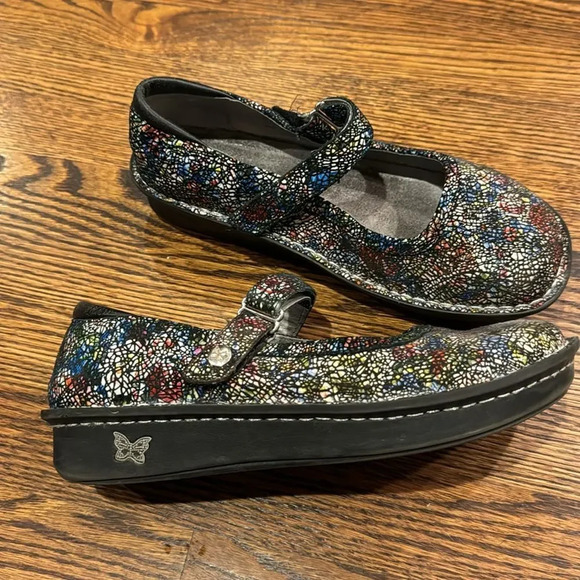 Alegria Belle Cathedral leather multicolor black web velcro strap Mary Jane shoe - Picture 4 of 7